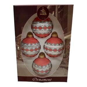 Box of 4‎ VTG Enchanted Forest Glass Christmas Ornaments Pink White Glitter